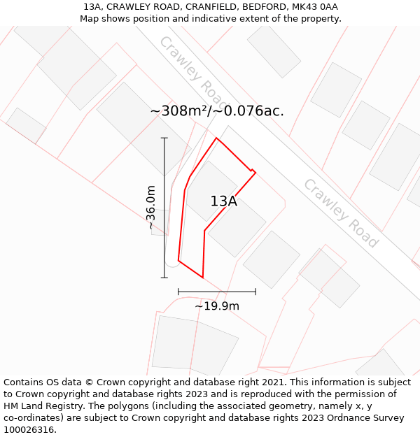 13A, CRAWLEY ROAD, CRANFIELD, BEDFORD, MK43 0AA: Plot and title map