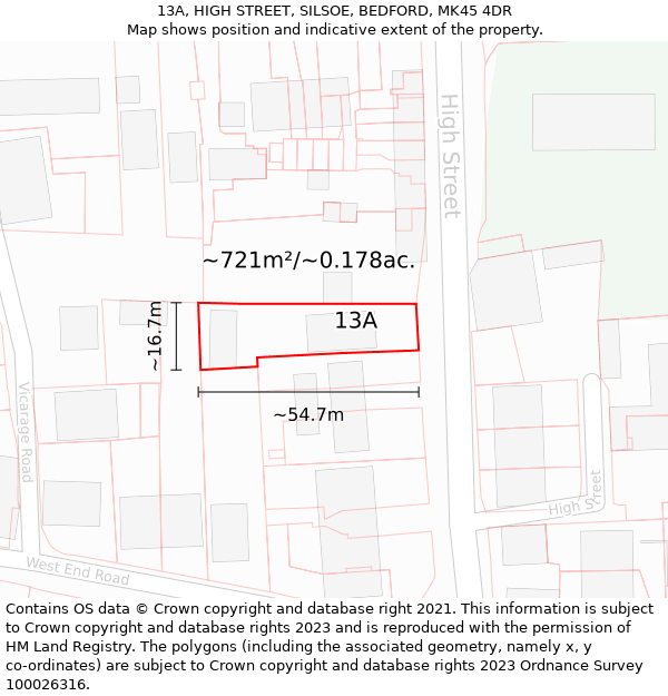 13A, HIGH STREET, SILSOE, BEDFORD, MK45 4DR: Plot and title map