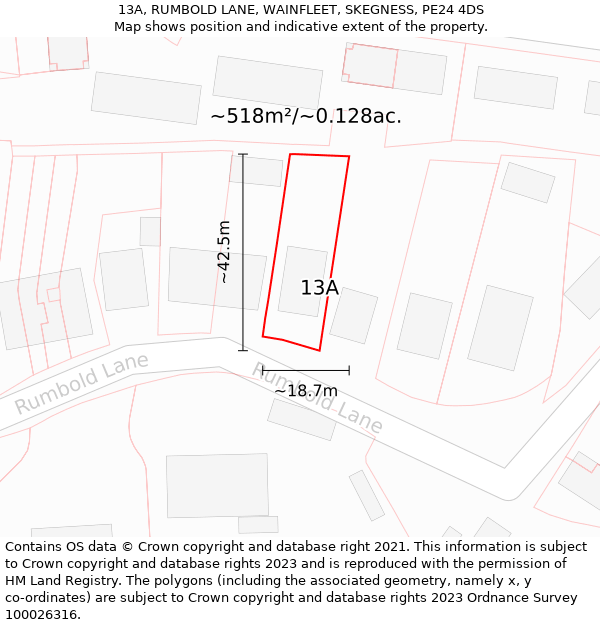 13A, RUMBOLD LANE, WAINFLEET, SKEGNESS, PE24 4DS: Plot and title map