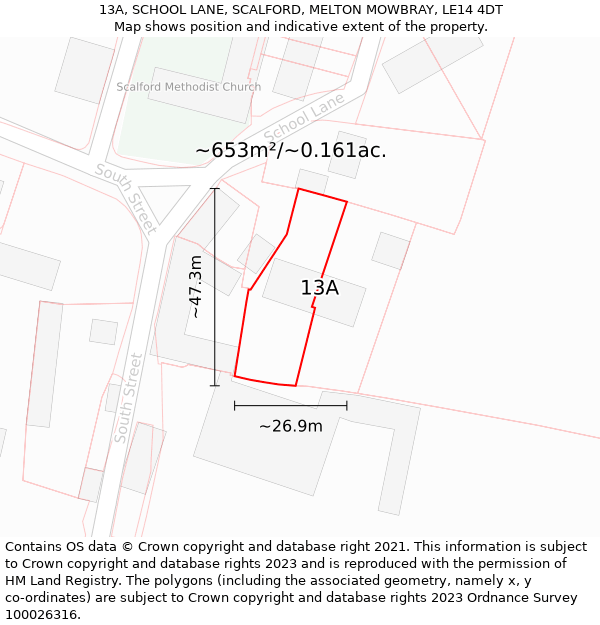 13A, SCHOOL LANE, SCALFORD, MELTON MOWBRAY, LE14 4DT: Plot and title map
