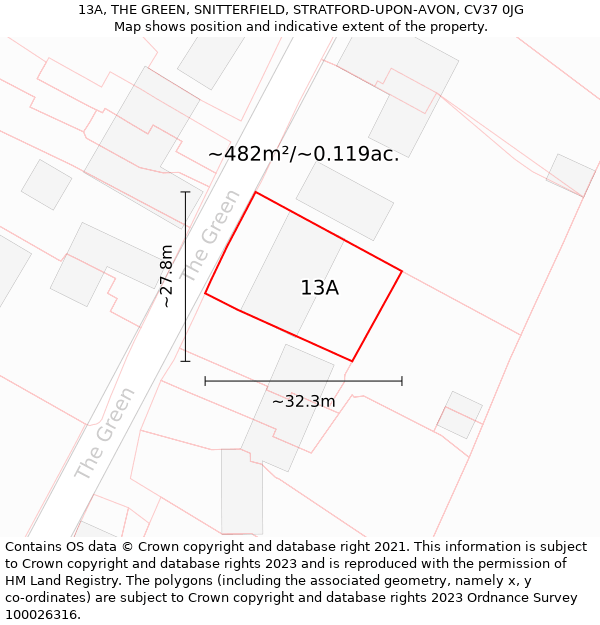 13A, THE GREEN, SNITTERFIELD, STRATFORD-UPON-AVON, CV37 0JG: Plot and title map