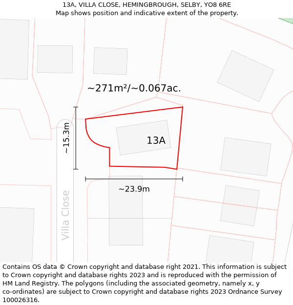 13A, VILLA CLOSE, HEMINGBROUGH, SELBY, YO8 6RE: Plot and title map