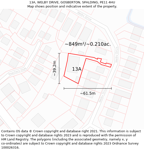 13A, WELBY DRIVE, GOSBERTON, SPALDING, PE11 4HU: Plot and title map