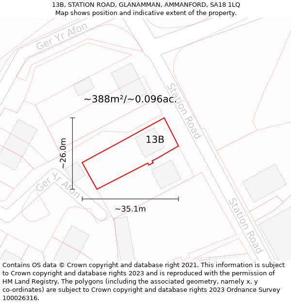 13B, STATION ROAD, GLANAMMAN, AMMANFORD, SA18 1LQ: Plot and title map