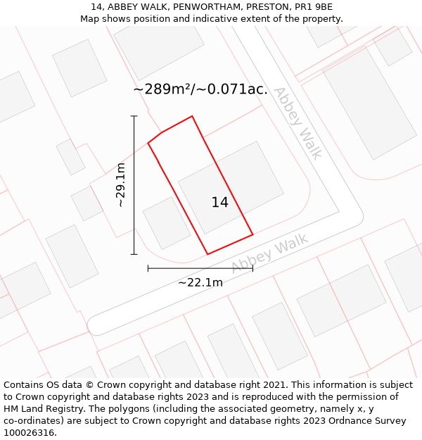 14, ABBEY WALK, PENWORTHAM, PRESTON, PR1 9BE: Plot and title map