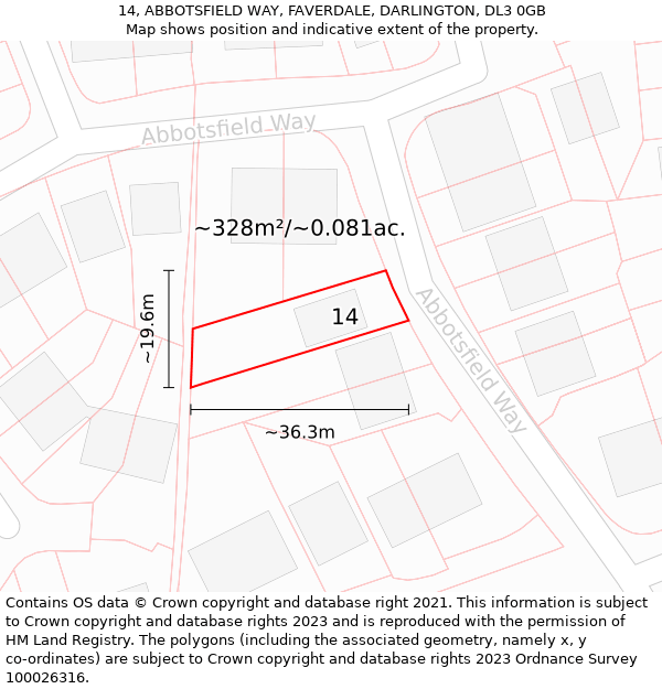 14, ABBOTSFIELD WAY, FAVERDALE, DARLINGTON, DL3 0GB: Plot and title map