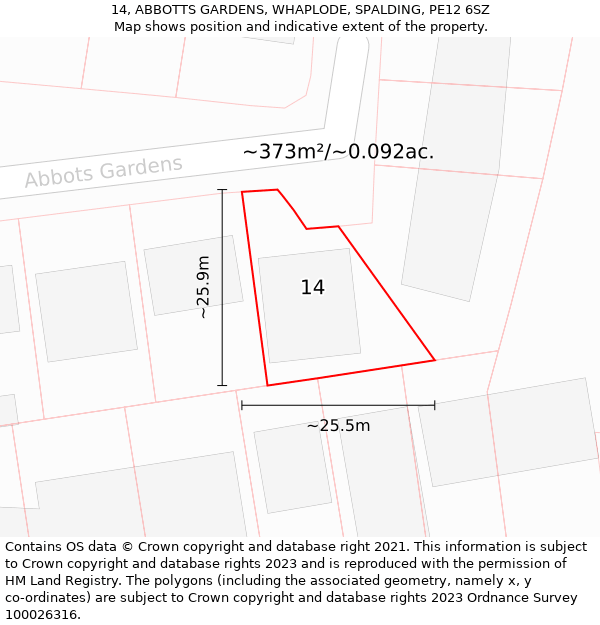 14, ABBOTTS GARDENS, WHAPLODE, SPALDING, PE12 6SZ: Plot and title map