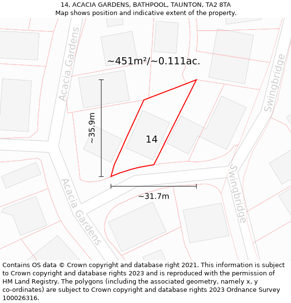 14, ACACIA GARDENS, BATHPOOL, TAUNTON, TA2 8TA: Plot and title map