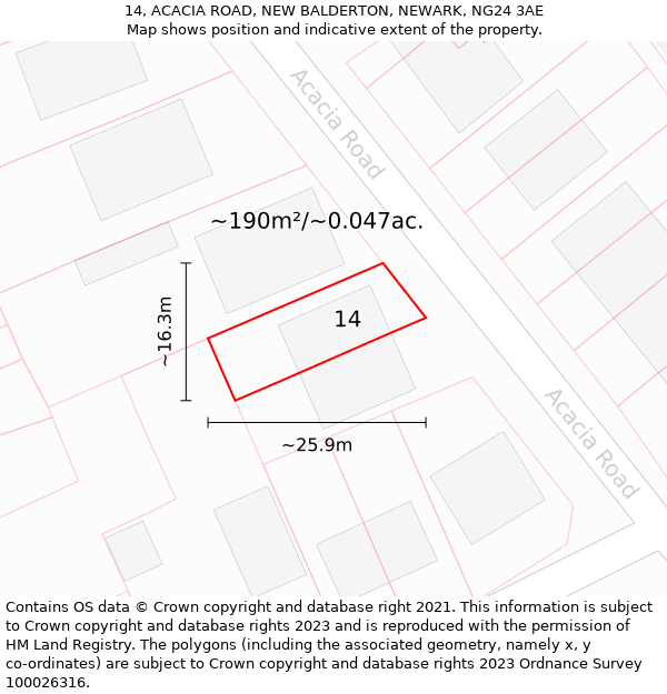 14, ACACIA ROAD, NEW BALDERTON, NEWARK, NG24 3AE: Plot and title map