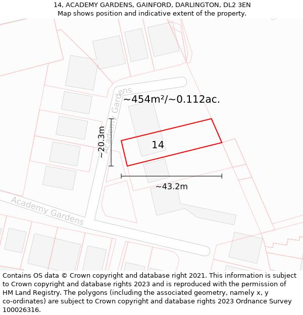 14, ACADEMY GARDENS, GAINFORD, DARLINGTON, DL2 3EN: Plot and title map