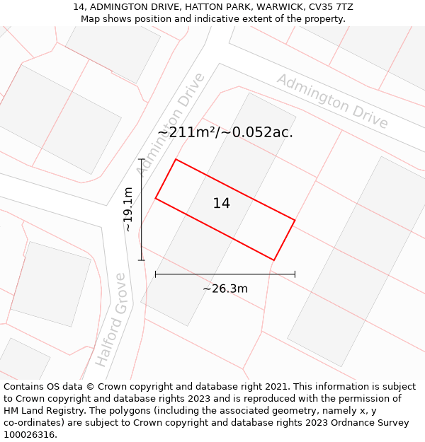 14, ADMINGTON DRIVE, HATTON PARK, WARWICK, CV35 7TZ: Plot and title map