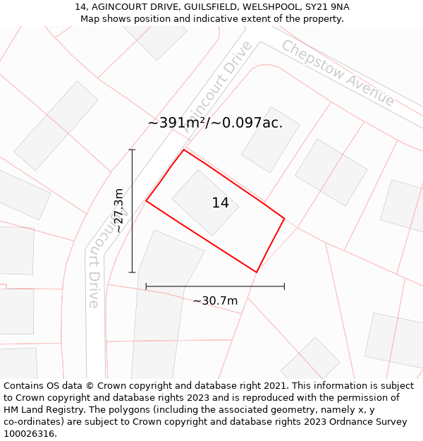 14, AGINCOURT DRIVE, GUILSFIELD, WELSHPOOL, SY21 9NA: Plot and title map