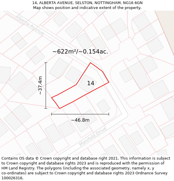14, ALBERTA AVENUE, SELSTON, NOTTINGHAM, NG16 6GN: Plot and title map