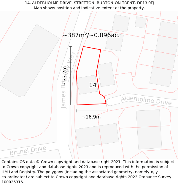 14, ALDERHOLME DRIVE, STRETTON, BURTON-ON-TRENT, DE13 0FJ: Plot and title map