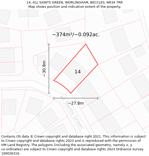 14, ALL SAINTS GREEN, WORLINGHAM, BECCLES, NR34 7RR: Plot and title map