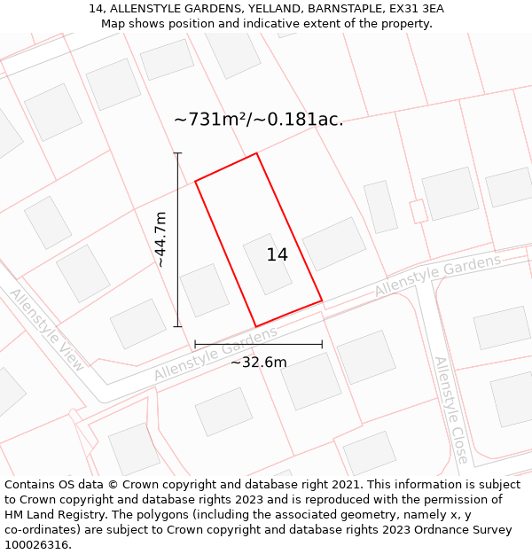 14, ALLENSTYLE GARDENS, YELLAND, BARNSTAPLE, EX31 3EA: Plot and title map