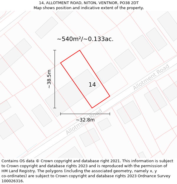 14, ALLOTMENT ROAD, NITON, VENTNOR, PO38 2DT: Plot and title map