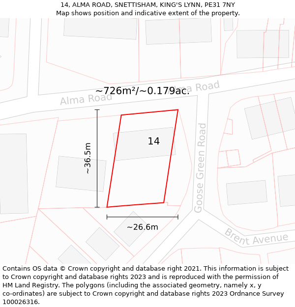 14, ALMA ROAD, SNETTISHAM, KING'S LYNN, PE31 7NY: Plot and title map