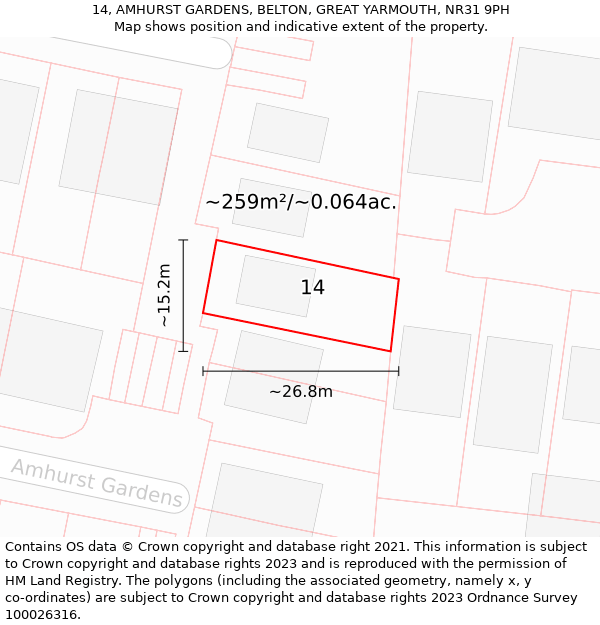 14, AMHURST GARDENS, BELTON, GREAT YARMOUTH, NR31 9PH: Plot and title map