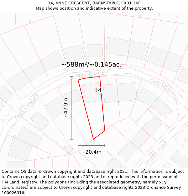 14, ANNE CRESCENT, BARNSTAPLE, EX31 3AF: Plot and title map