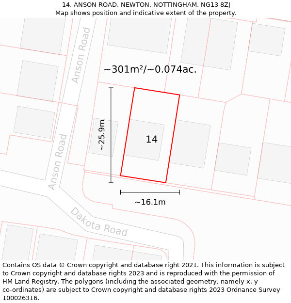 14, ANSON ROAD, NEWTON, NOTTINGHAM, NG13 8ZJ: Plot and title map