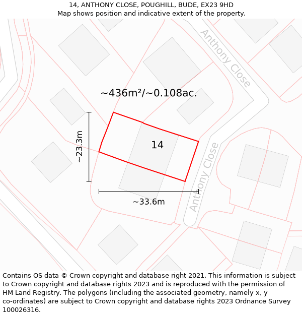 14, ANTHONY CLOSE, POUGHILL, BUDE, EX23 9HD: Plot and title map