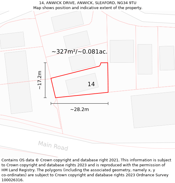 14, ANWICK DRIVE, ANWICK, SLEAFORD, NG34 9TU: Plot and title map