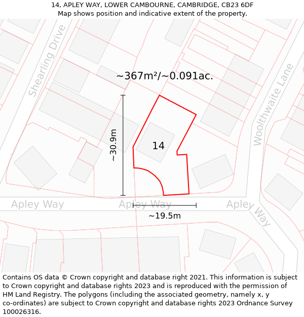 14, APLEY WAY, LOWER CAMBOURNE, CAMBRIDGE, CB23 6DF: Plot and title map