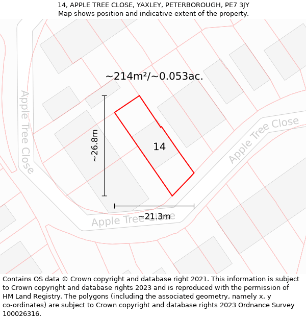 14, APPLE TREE CLOSE, YAXLEY, PETERBOROUGH, PE7 3JY: Plot and title map