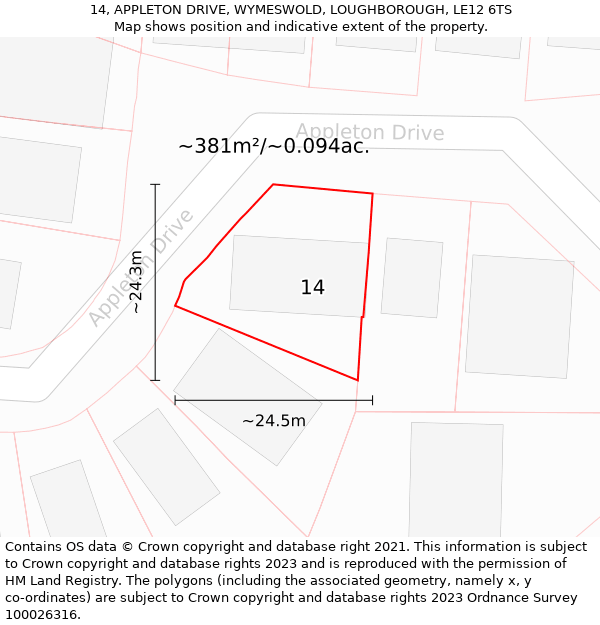 14, APPLETON DRIVE, WYMESWOLD, LOUGHBOROUGH, LE12 6TS: Plot and title map