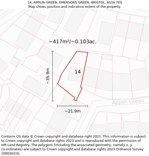 14, APPLIN GREEN, EMERSONS GREEN, BRISTOL, BS16 7ES: Plot and title map