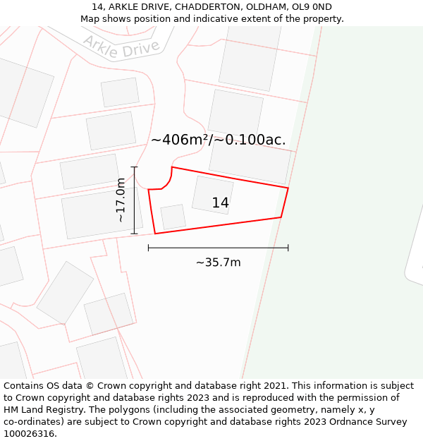 14, ARKLE DRIVE, CHADDERTON, OLDHAM, OL9 0ND: Plot and title map