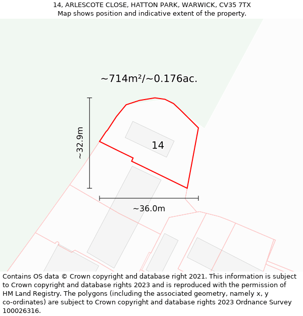 14, ARLESCOTE CLOSE, HATTON PARK, WARWICK, CV35 7TX: Plot and title map