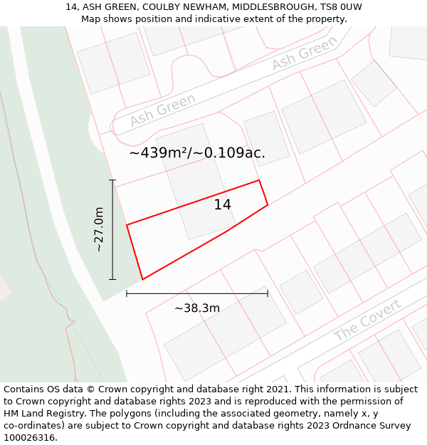 14, ASH GREEN, COULBY NEWHAM, MIDDLESBROUGH, TS8 0UW: Plot and title map