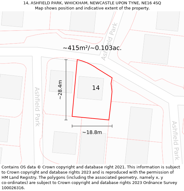 14, ASHFIELD PARK, WHICKHAM, NEWCASTLE UPON TYNE, NE16 4SQ: Plot and title map