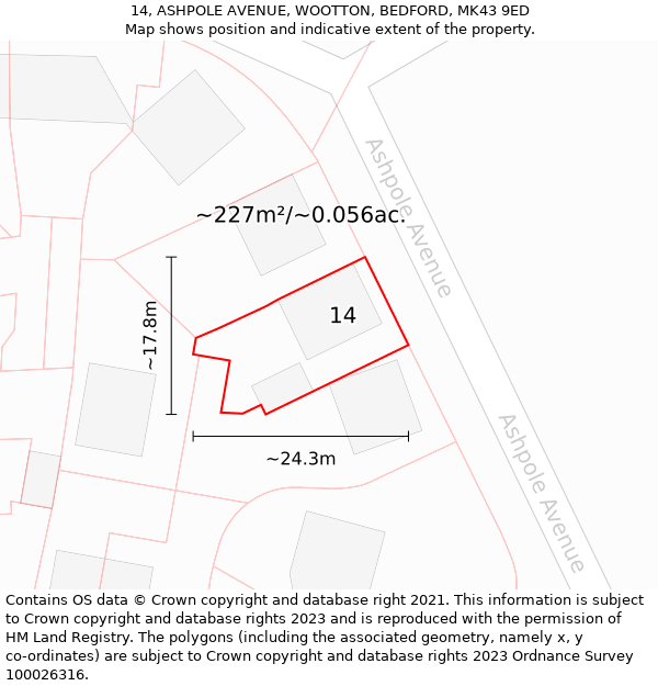 14, ASHPOLE AVENUE, WOOTTON, BEDFORD, MK43 9ED: Plot and title map