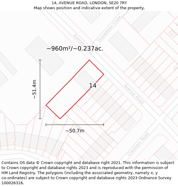 14, AVENUE ROAD, LONDON, SE20 7RY: Plot and title map