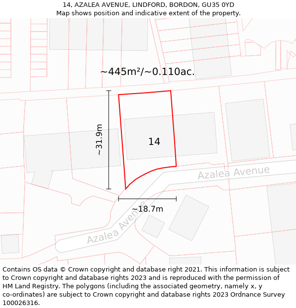 14, AZALEA AVENUE, LINDFORD, BORDON, GU35 0YD: Plot and title map