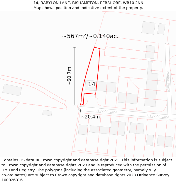 14, BABYLON LANE, BISHAMPTON, PERSHORE, WR10 2NN: Plot and title map