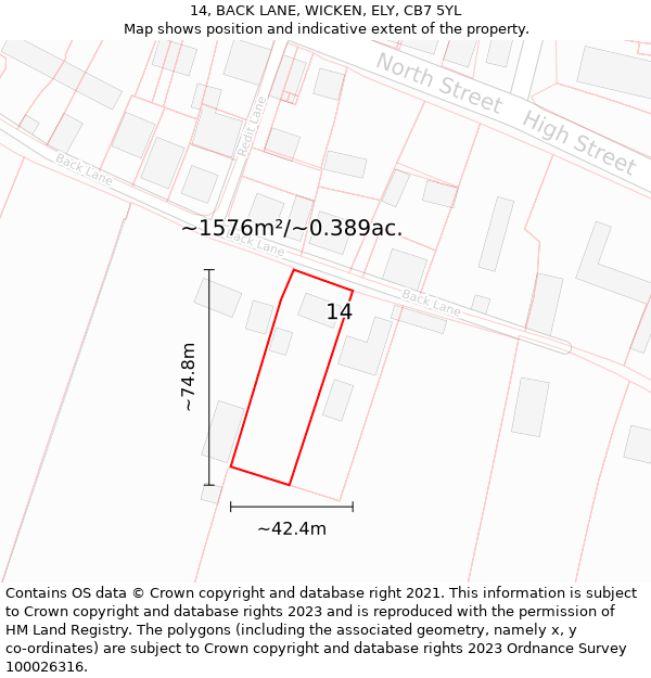 14, BACK LANE, WICKEN, ELY, CB7 5YL: Plot and title map