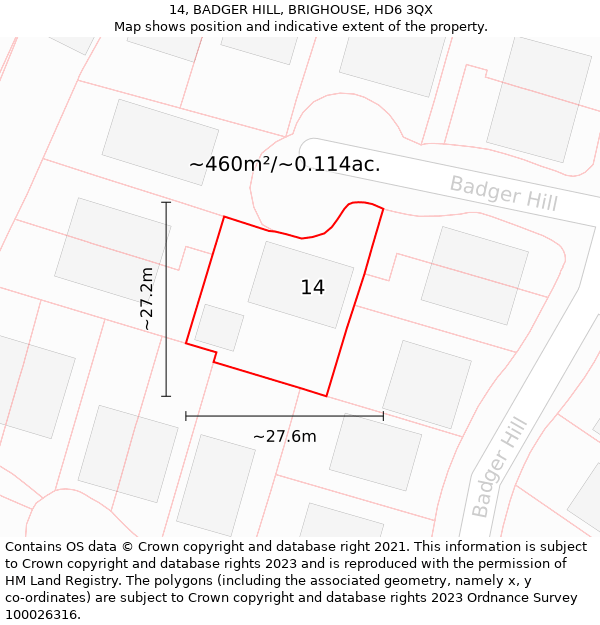 14, BADGER HILL, BRIGHOUSE, HD6 3QX: Plot and title map