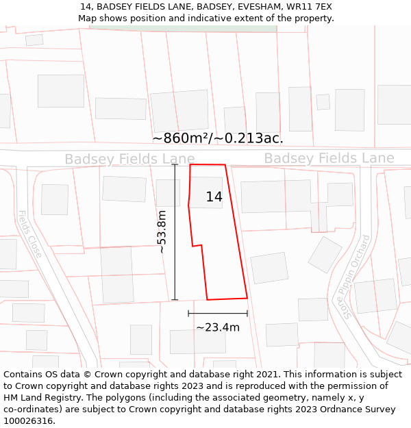 14, BADSEY FIELDS LANE, BADSEY, EVESHAM, WR11 7EX: Plot and title map