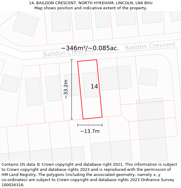 14, BAILDON CRESCENT, NORTH HYKEHAM, LINCOLN, LN6 8HU: Plot and title map