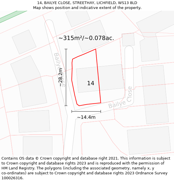 14, BAILYE CLOSE, STREETHAY, LICHFIELD, WS13 8LD: Plot and title map