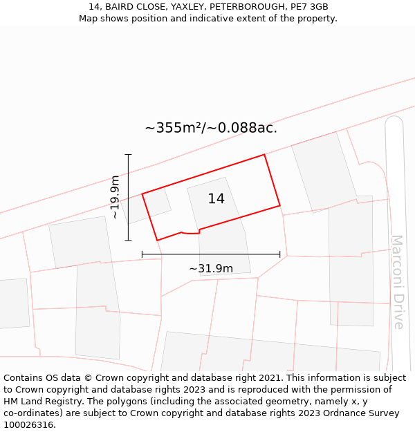 14, BAIRD CLOSE, YAXLEY, PETERBOROUGH, PE7 3GB: Plot and title map