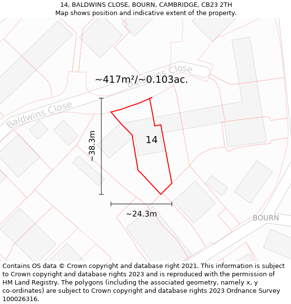 14, BALDWINS CLOSE, BOURN, CAMBRIDGE, CB23 2TH: Plot and title map