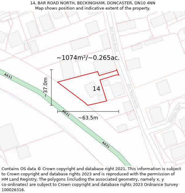 14, BAR ROAD NORTH, BECKINGHAM, DONCASTER, DN10 4NN: Plot and title map