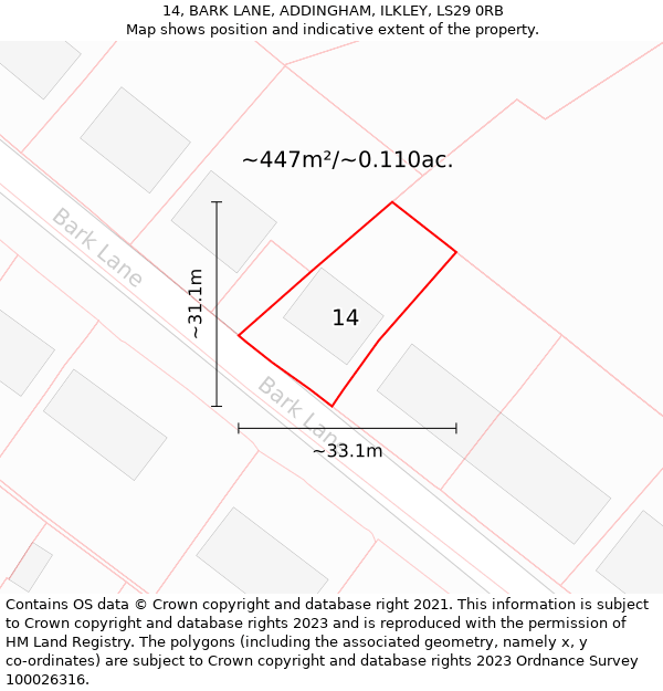 14, BARK LANE, ADDINGHAM, ILKLEY, LS29 0RB: Plot and title map