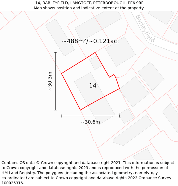 14, BARLEYFIELD, LANGTOFT, PETERBOROUGH, PE6 9RF: Plot and title map