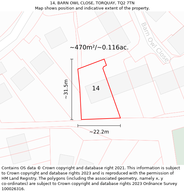 14, BARN OWL CLOSE, TORQUAY, TQ2 7TN: Plot and title map